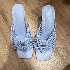ASOS DESIGN Wide Fit Nyle caged high heeled mules in blue Size 7